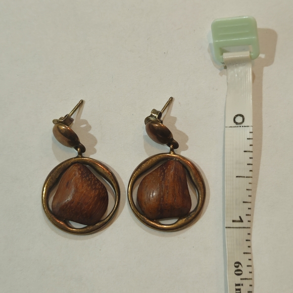 Vintage Tropical Wood Gold Bracelet Earrings Set Brown Black Bohemian Retro 70s - Picture 9 of 10